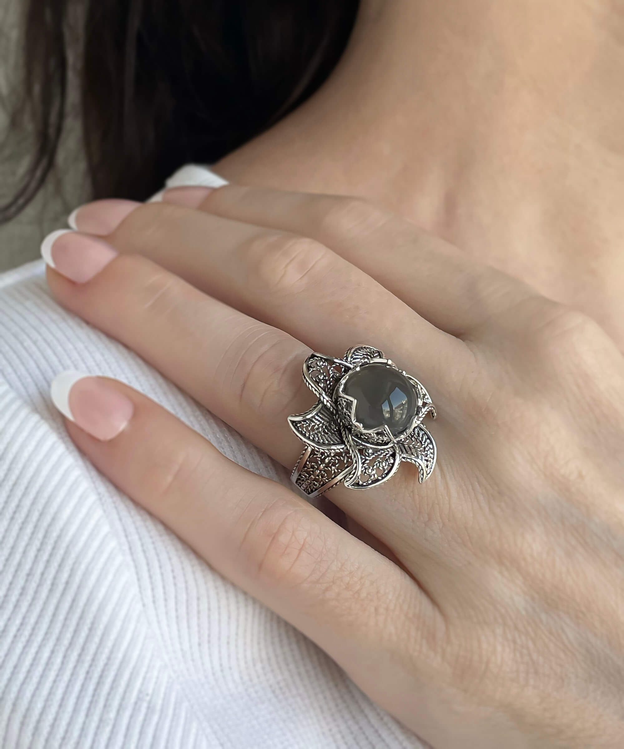 Lotus Flower Gray Moonstone Gemstone Women Silver Statement Ring featuring a 12 mm gray moonstone and intricate filigree design.