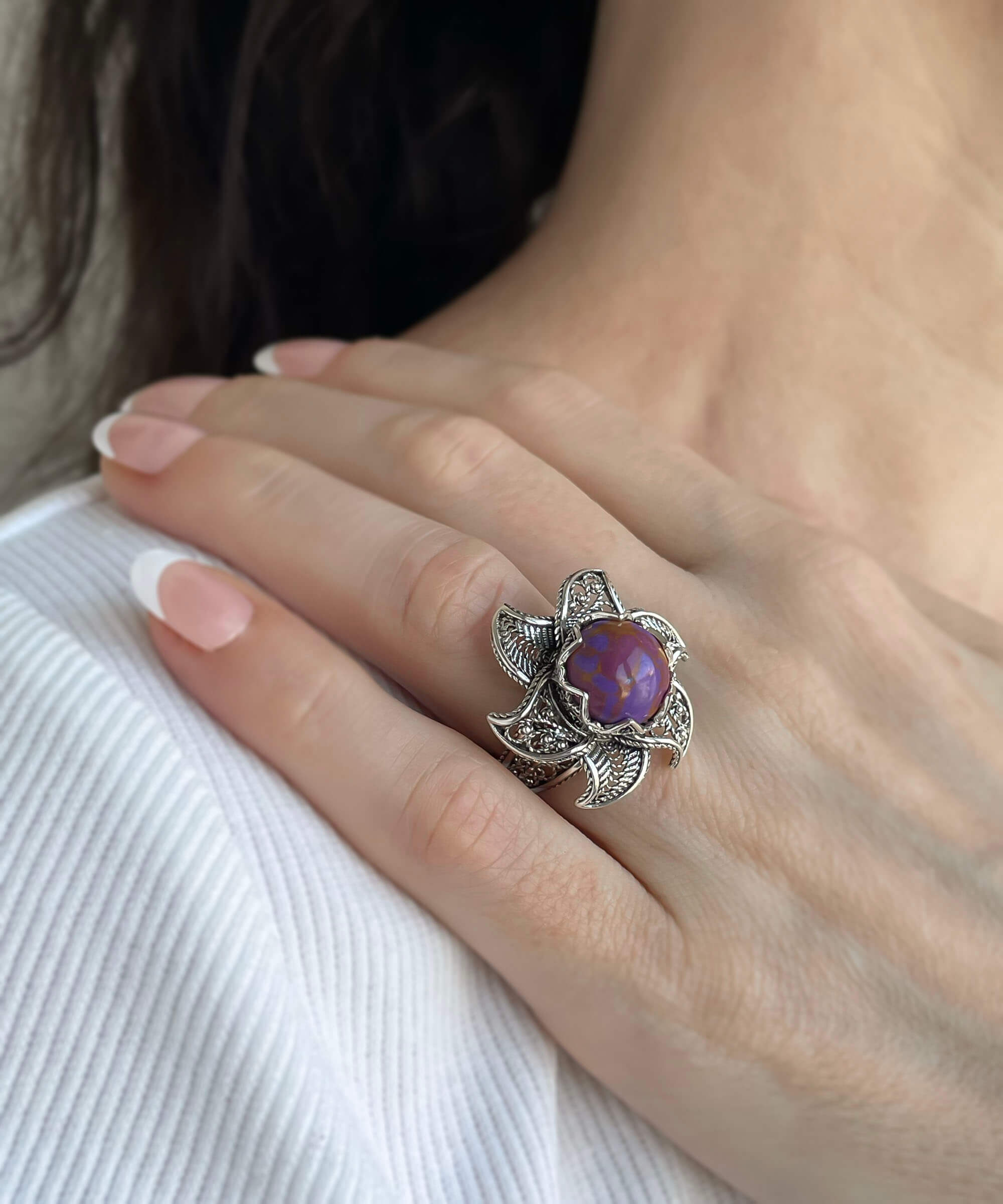 Lotus Flower Mojave Turquoise Gemstone Women Silver Statement Ring featuring a vibrant turquoise stone and intricate filigree design.