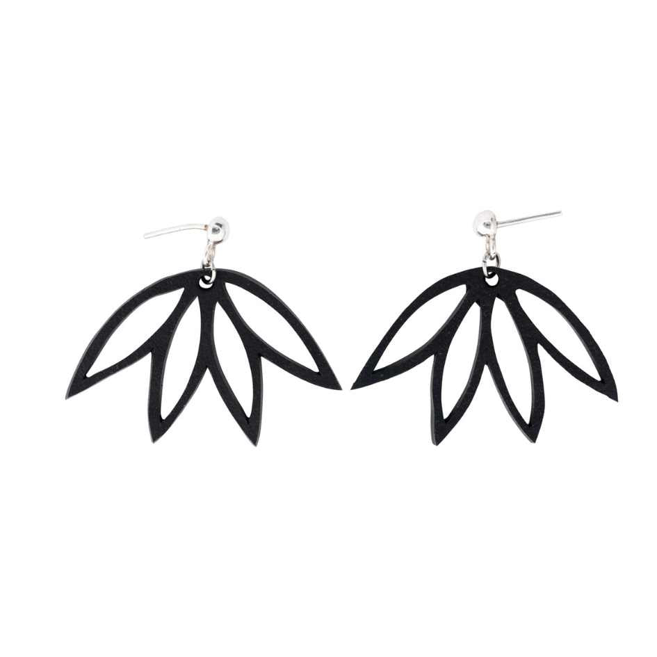 Elegant Lotus Recycle Rubber Earrings made from reclaimed rubber, featuring sterling silver studs, displayed in a luxury gift box.