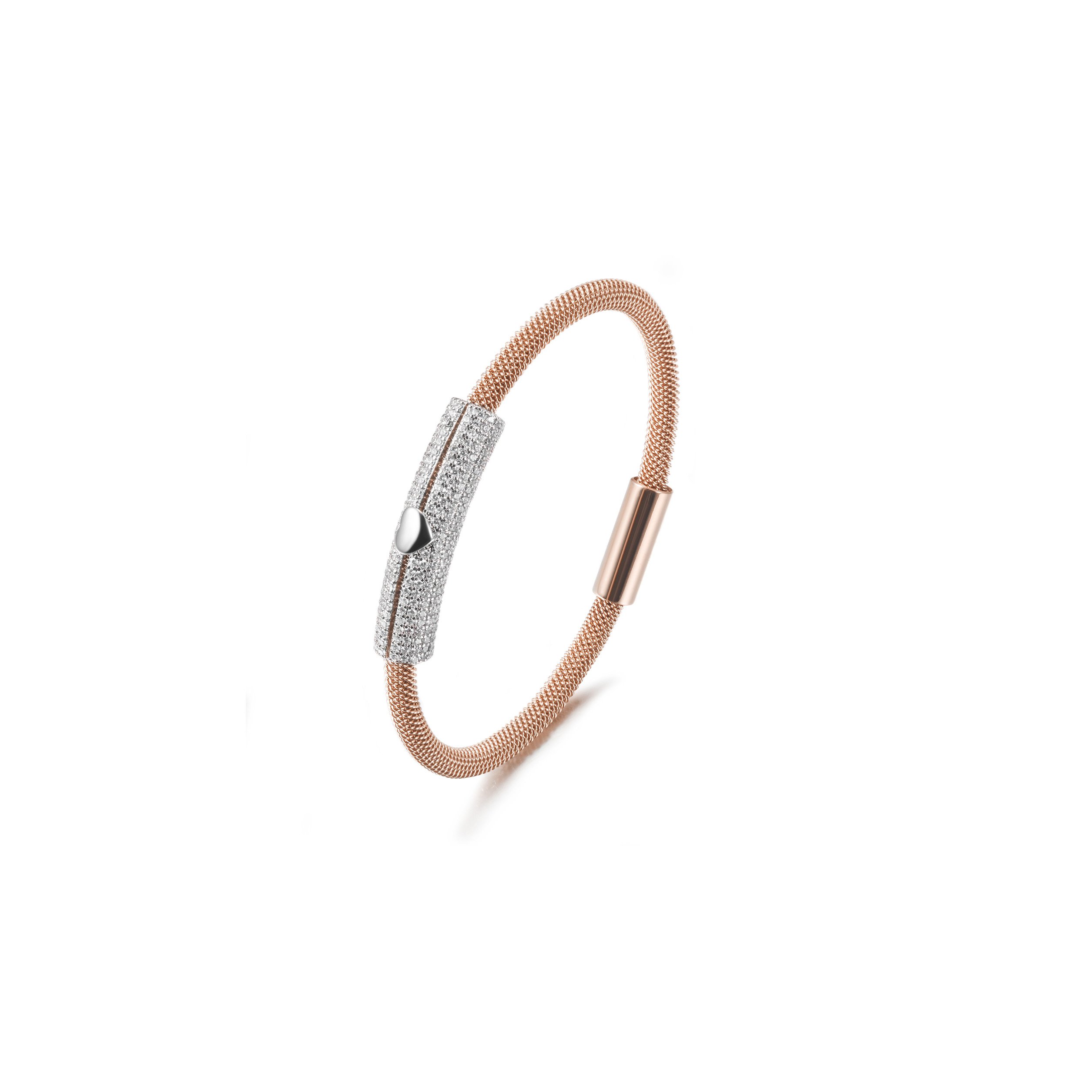 A stylish Love Heart Bangle made of 316L surgical stainless steel with 14K gold PVD plating, showcasing a heart design.