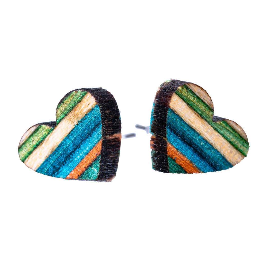 Handcrafted Love Heart Recycled Skateboard Wooden Stud Earrings showcasing vibrant colors and unique patterns.