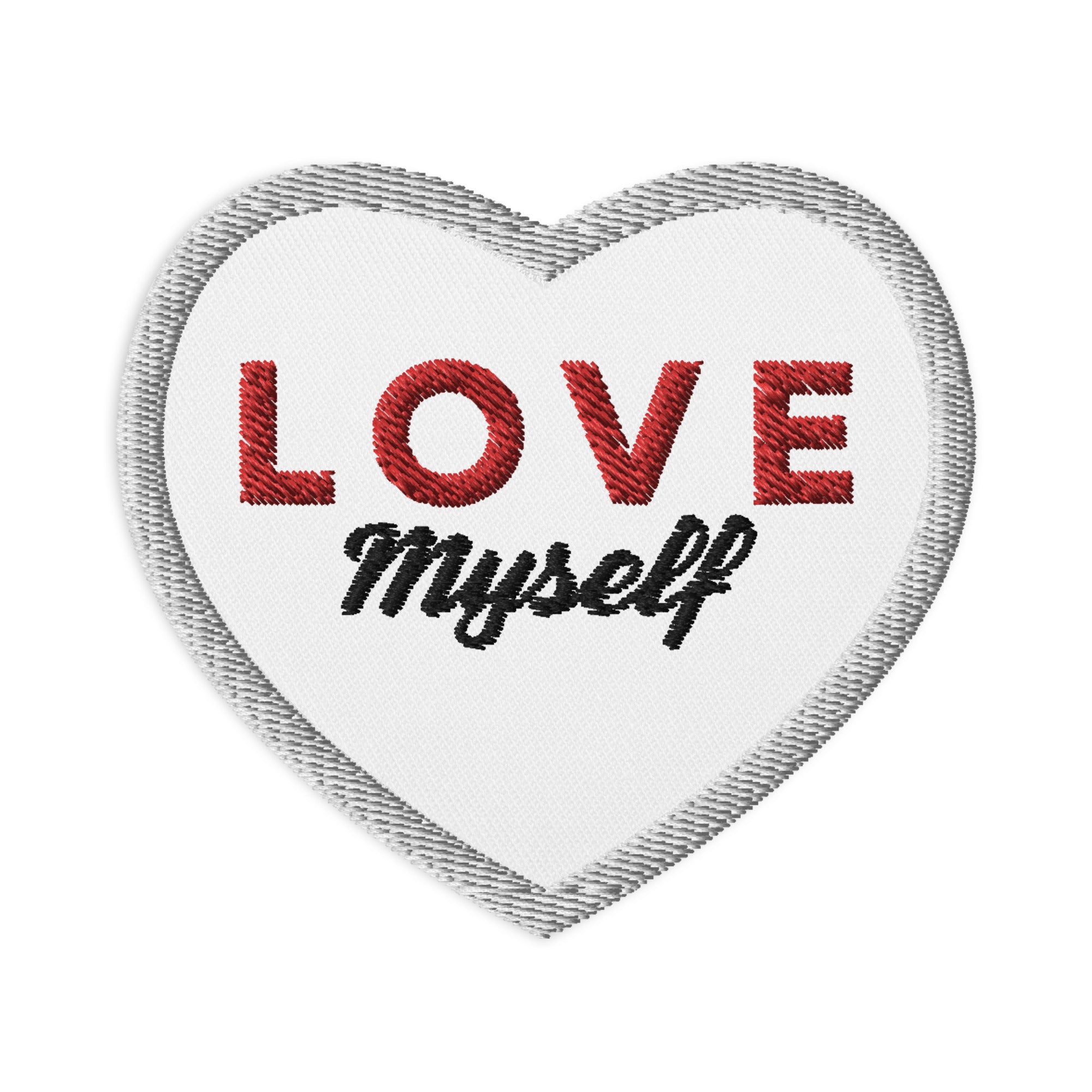 LOVE Myself embroidered patch on a white background, showcasing its vibrant design and durable twill fabric.