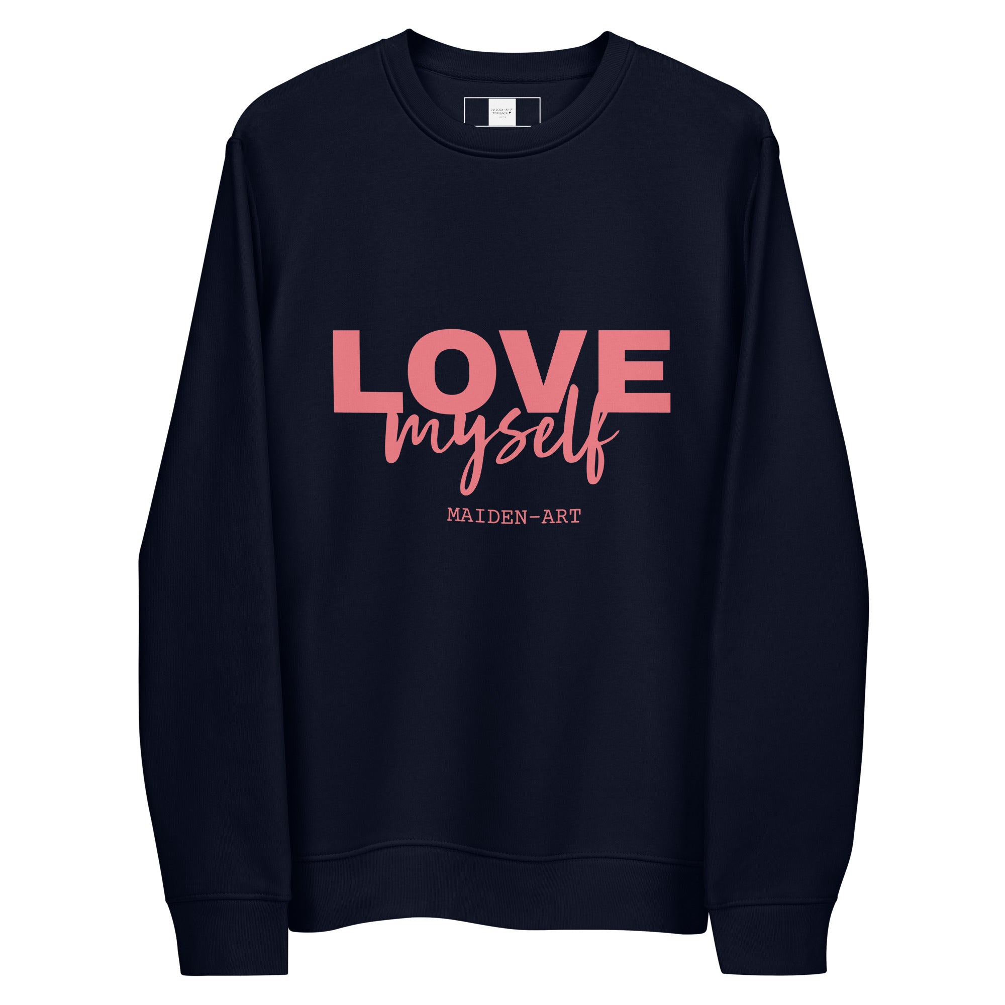 LOVE Myself Unisex eco sweatshirt in a stylish design, made from organic cotton and recycled polyester, showcasing its chic look and comfortable fit.