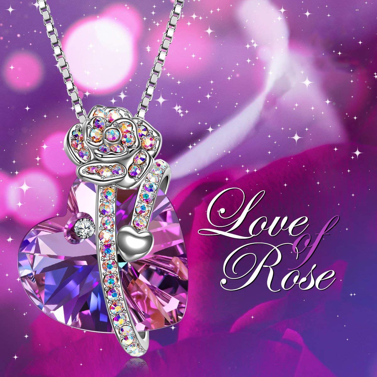 LOVE OF ROSE Changing Pink Stone Necklace featuring 18K white gold plating and Austrian crystals, elegantly designed in Italy.