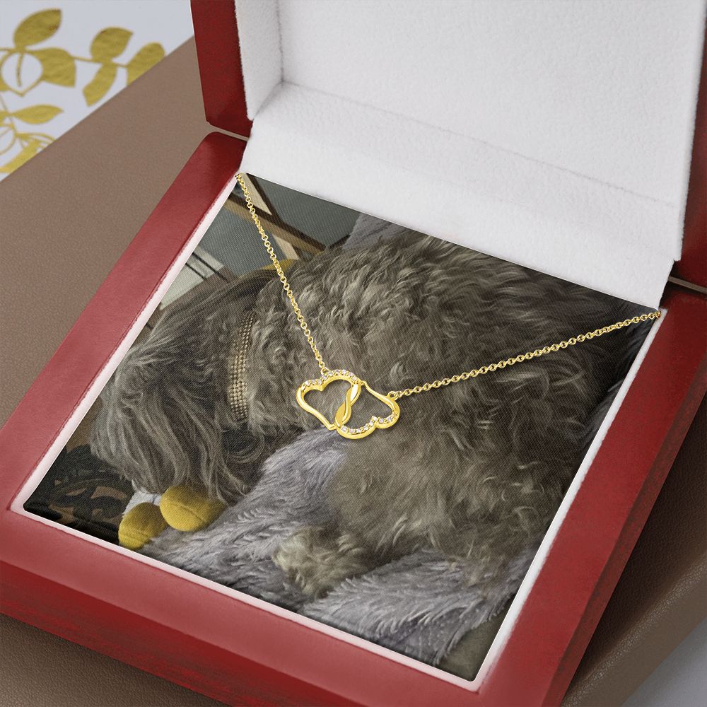 A beautiful 10K solid yellow gold necklace featuring two interconnected hearts adorned with 18 pave set diamonds, presented in a luxurious mahogany gift box.