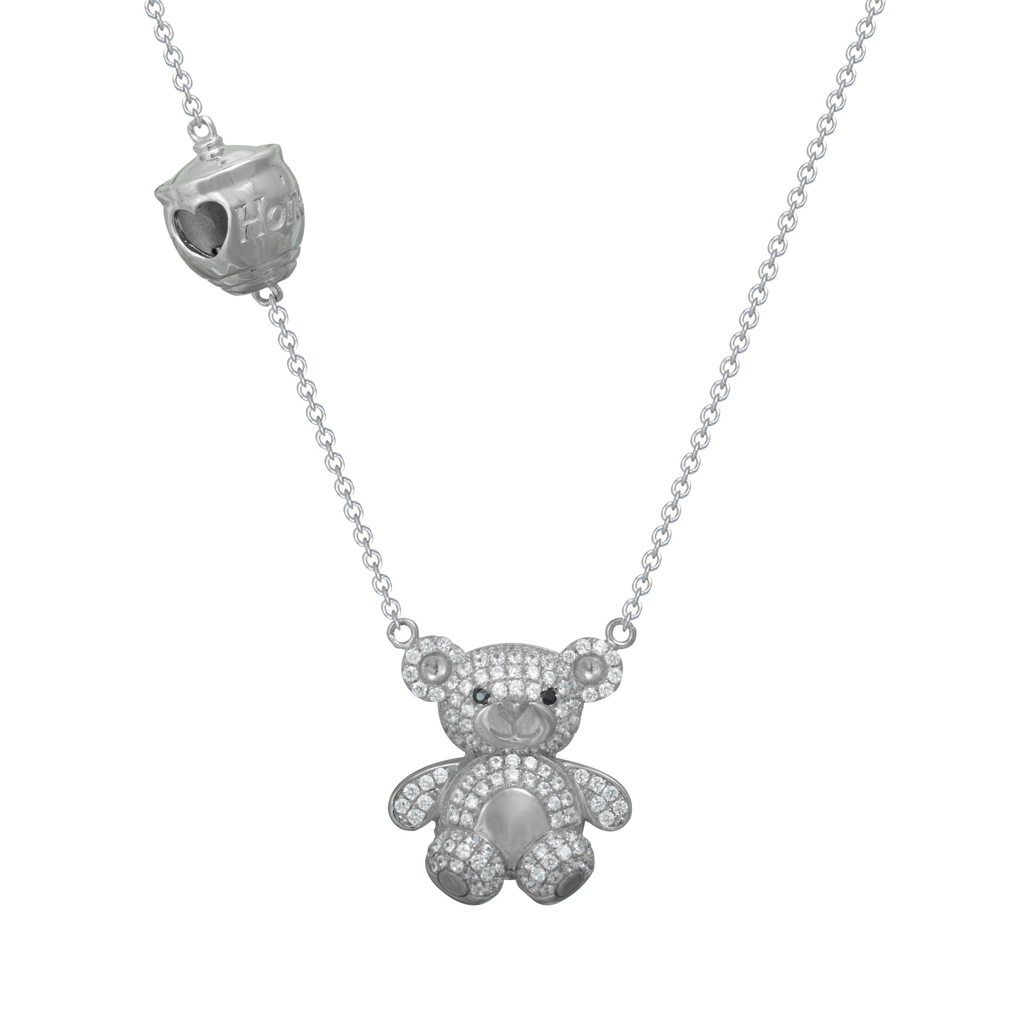 Lovely Teddy Bear necklace made of 925 sterling silver with white sapphire, designed for kids and teenagers, featuring a cute teddy bear pendant.