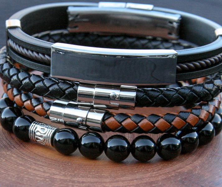 Luca Men's Wrist Bracelet featuring braided black leather and stainless steel magnetic lock.