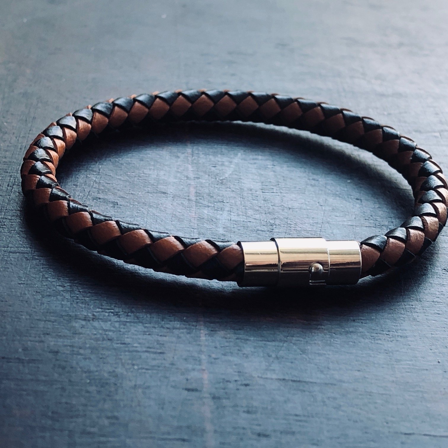 Luca Men's Wrist Bracelet featuring braided black leather and stainless steel magnetic lock.