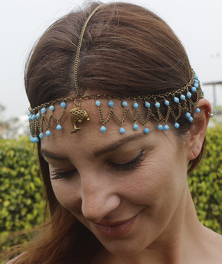 A beautiful gold head chain featuring a charming owl pendant with turquoise and blue beads, perfect for festivals and stylish outfits.