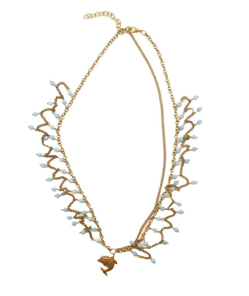 A beautiful gold head chain featuring a charming owl pendant with turquoise and blue beads, perfect for festivals and stylish outfits.