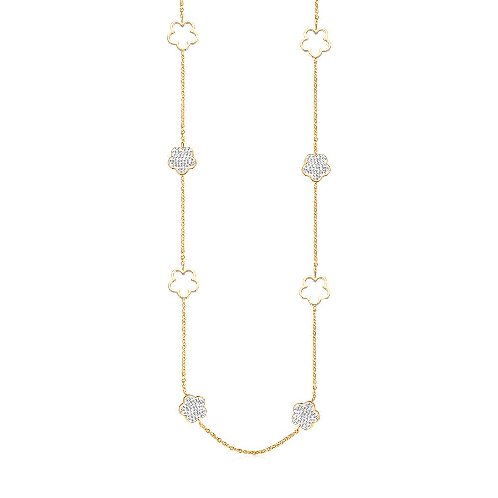 LUCKY CLOVER CZ NECKLACE featuring a clover design, crafted from surgical stainless steel with 14K gold PVD plating.