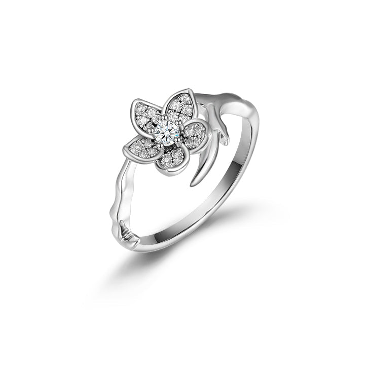 Lucky Flower Curve Band Ring made of 925 sterling silver with white gold finish and white sapphire stone, showcasing an elegant floral design.