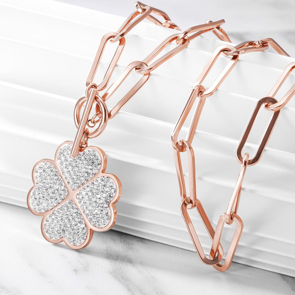 A beautiful Lucky Four-Leaf Charm Necklace made of 316L surgical stainless steel with 14K gold plating, featuring a delicate four-leaf design.