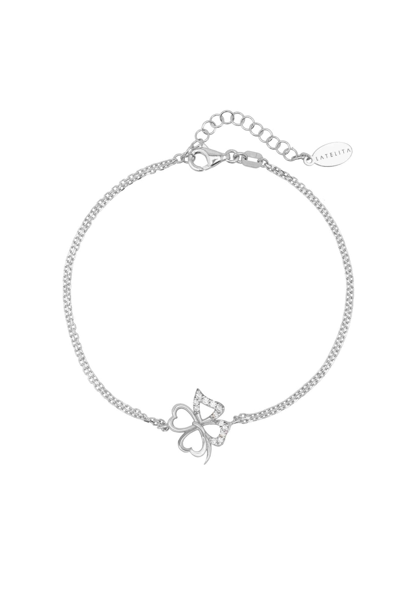 A beautifully handcrafted silver bracelet featuring a lucky shamrock clover design with sparkling zirconia accents.