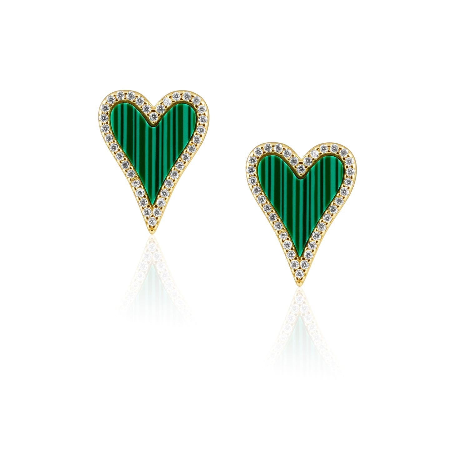 Lucy CZ Heart Studs featuring emerald heart design with sparkling CZ stone frame, crafted from 18k plated stainless steel.