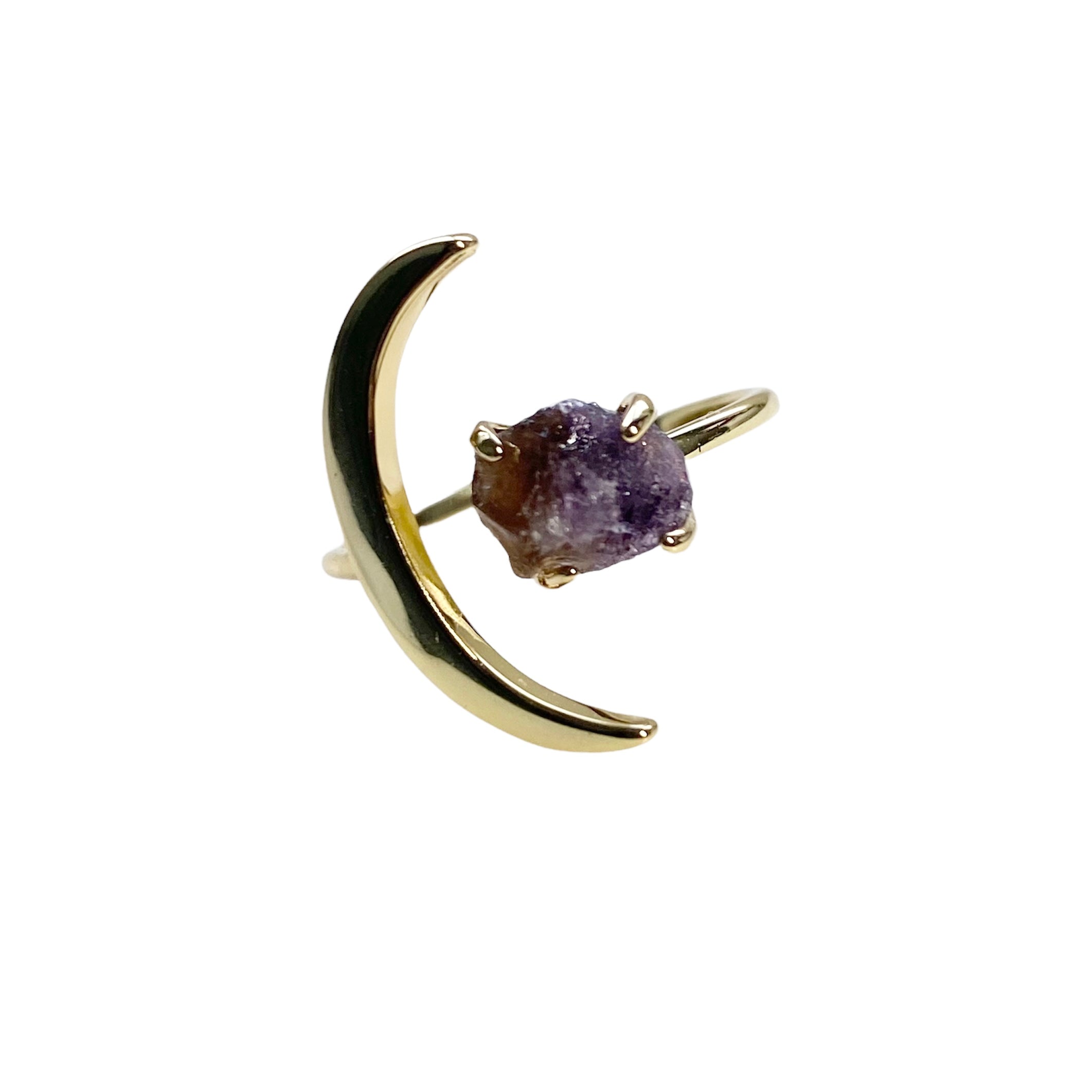 Luna Amethyst Ring featuring a raw amethyst nugget and crescent moon design, adjustable size for comfort.