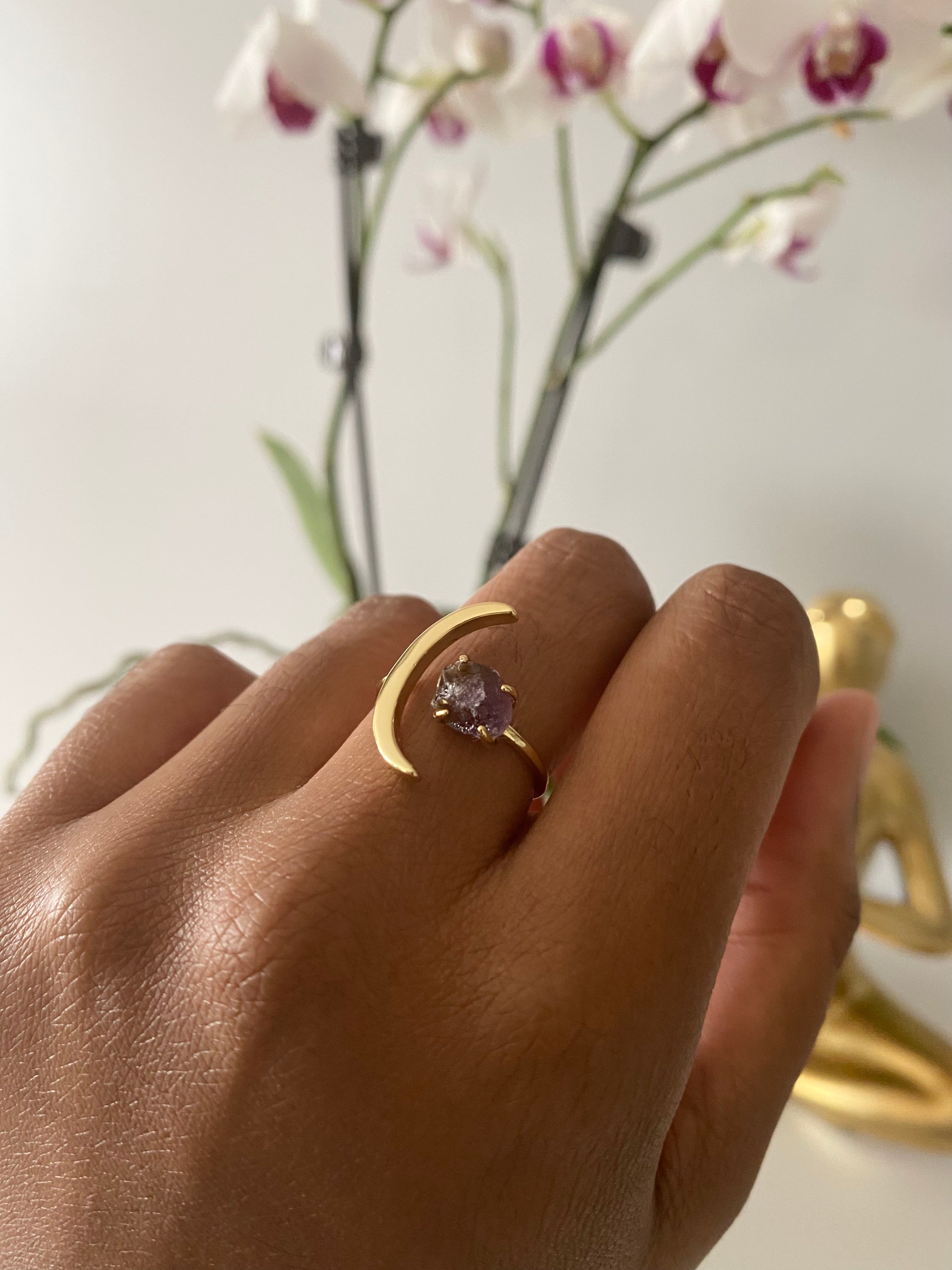 Luna Amethyst Ring featuring a raw amethyst nugget and crescent moon design, adjustable size for comfort.