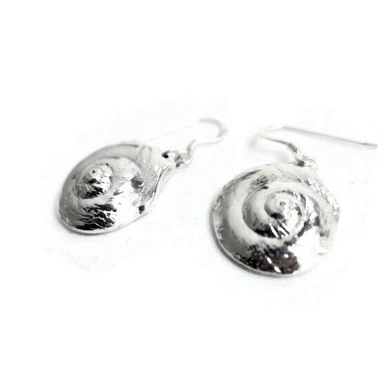 Luna Moon Snail Shell Earrings made from sterling silver, showcasing intricate details of the moon snail shell design.