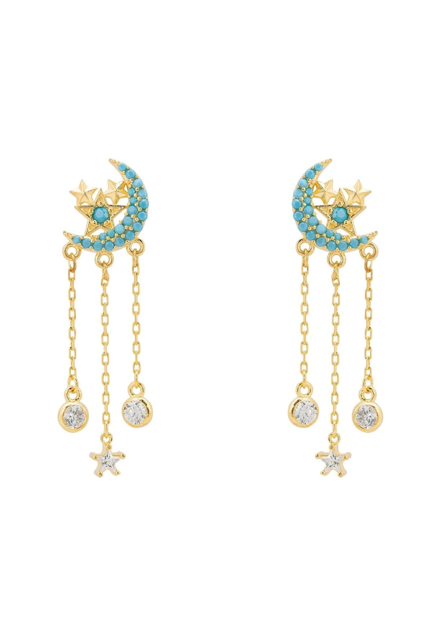 Lunar Moon Chain Drop Earrings featuring gold crescent moon and turquoise zircon stars, elegantly designed with dangling chains.