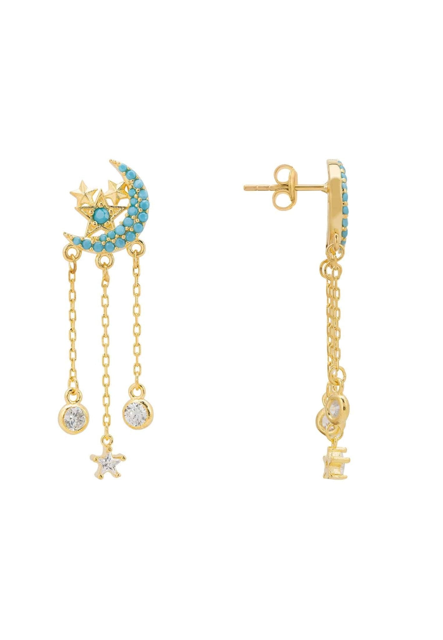 Lunar Moon Chain Drop Earrings featuring gold crescent moon and turquoise zircon stars, elegantly designed with dangling chains.