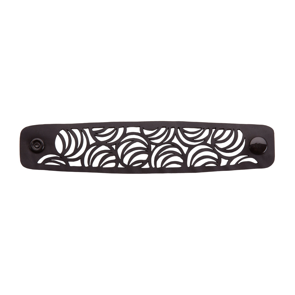 Lunar Recycled Rubber Bracelet featuring a crescent moon design, handcrafted from reclaimed inner tubes, showcasing unique textures.