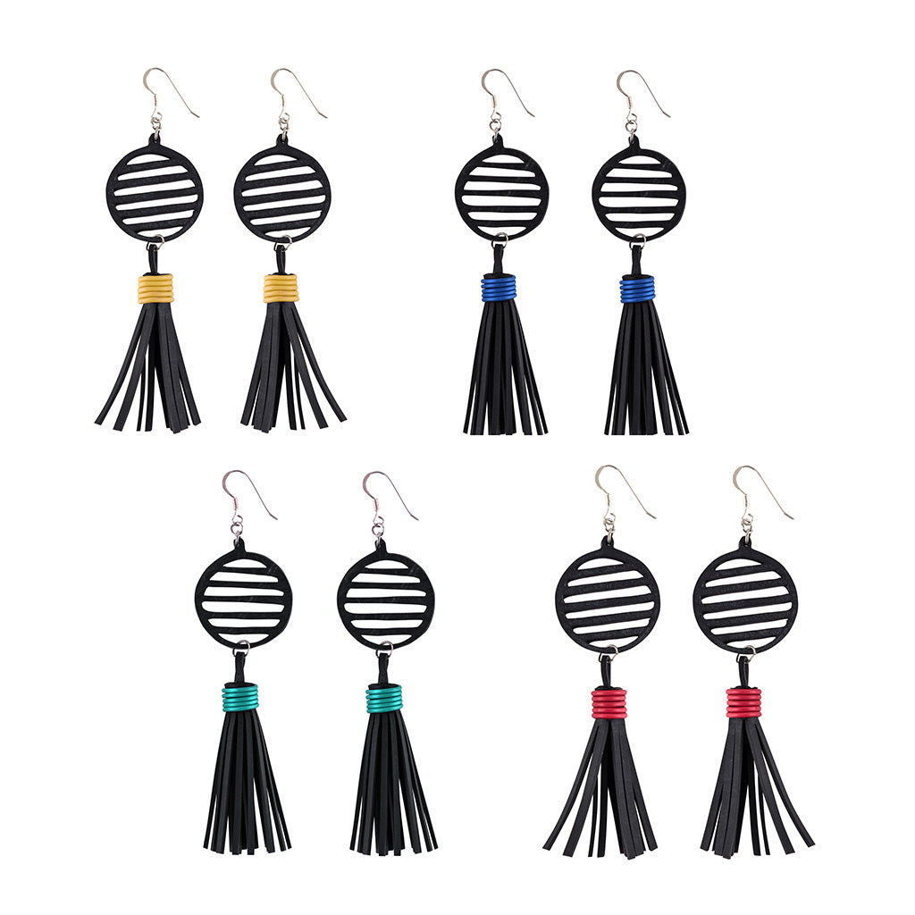 Lunar Upcycled Rubber Tassel Earrings featuring reclaimed rubber and recycled electrical wire, elegantly designed with sterling silver hooks.