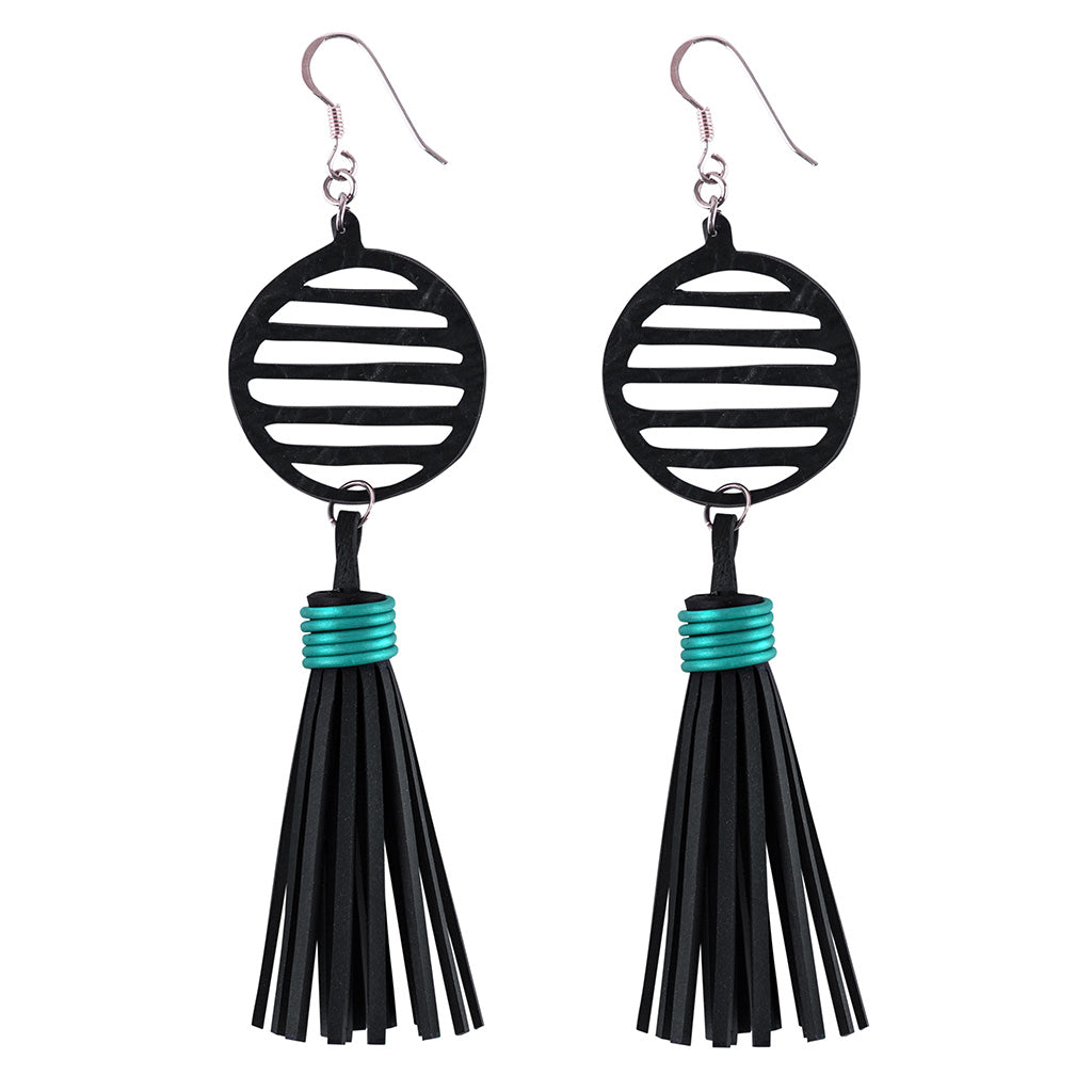 Lunar Upcycled Rubber Tassel Earrings featuring reclaimed rubber and recycled electrical wire, elegantly designed with sterling silver hooks.