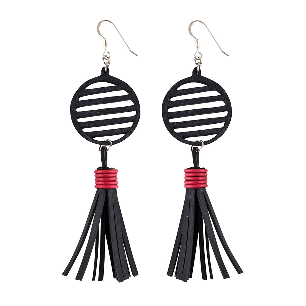 Lunar Upcycled Rubber Tassel Earrings featuring reclaimed rubber and recycled electrical wire, elegantly designed with sterling silver hooks.