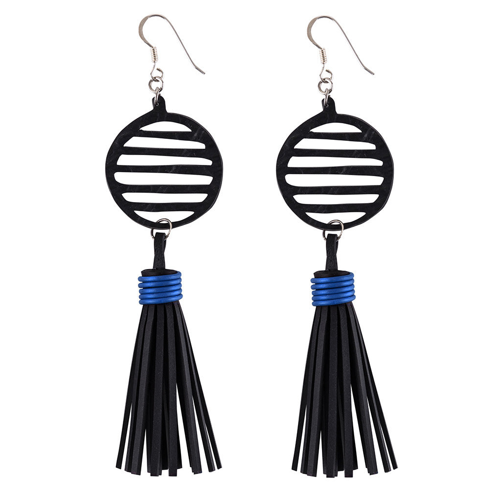 Lunar Upcycled Rubber Tassel Earrings featuring reclaimed rubber and recycled electrical wire, elegantly designed with sterling silver hooks.