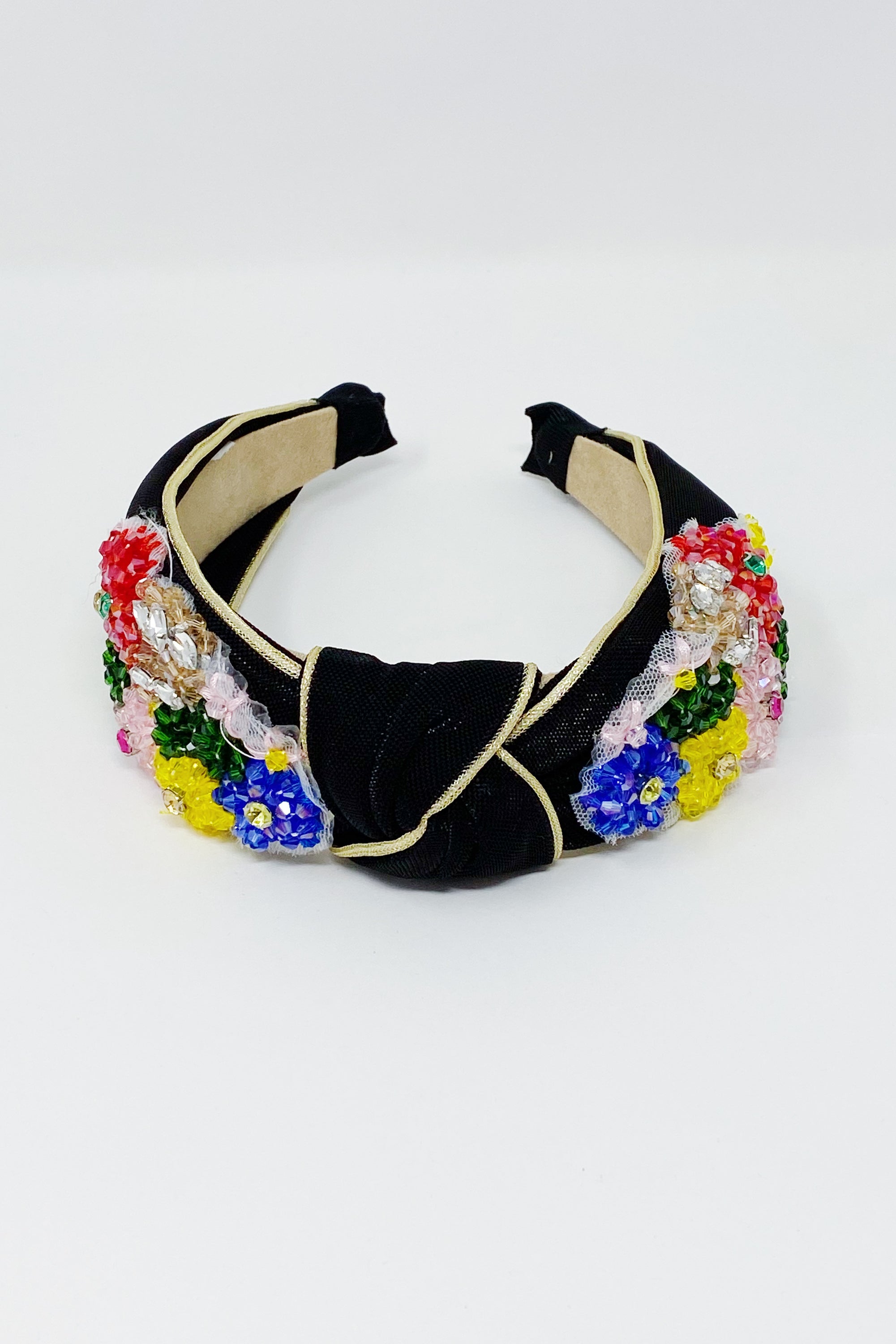 Luxe Flower Bead Headband featuring black shimmer fabric, gold trim, and intricate beaded flowers for a stylish look.