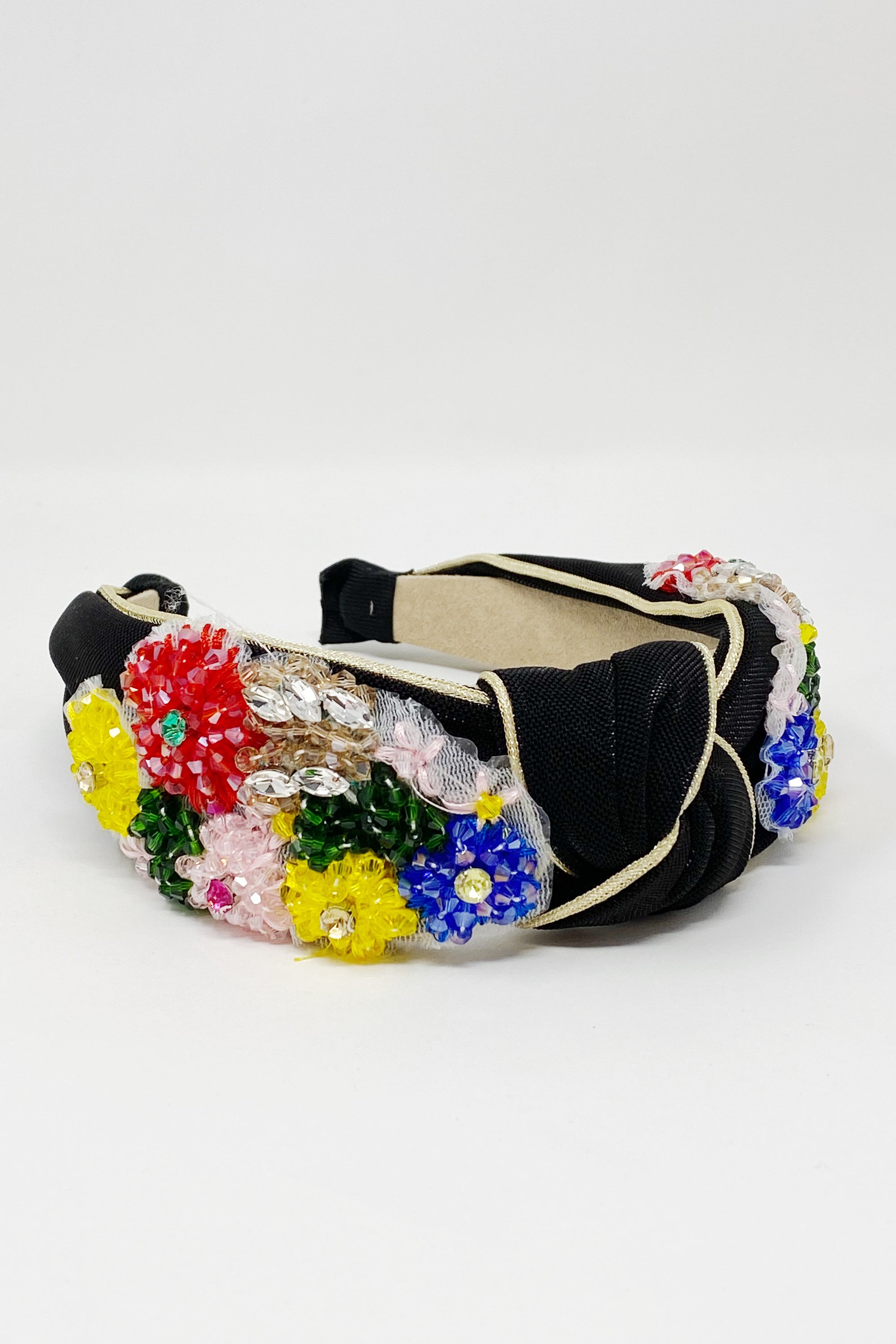 Luxe Flower Bead Headband featuring black shimmer fabric, gold trim, and intricate beaded flowers for a stylish look.