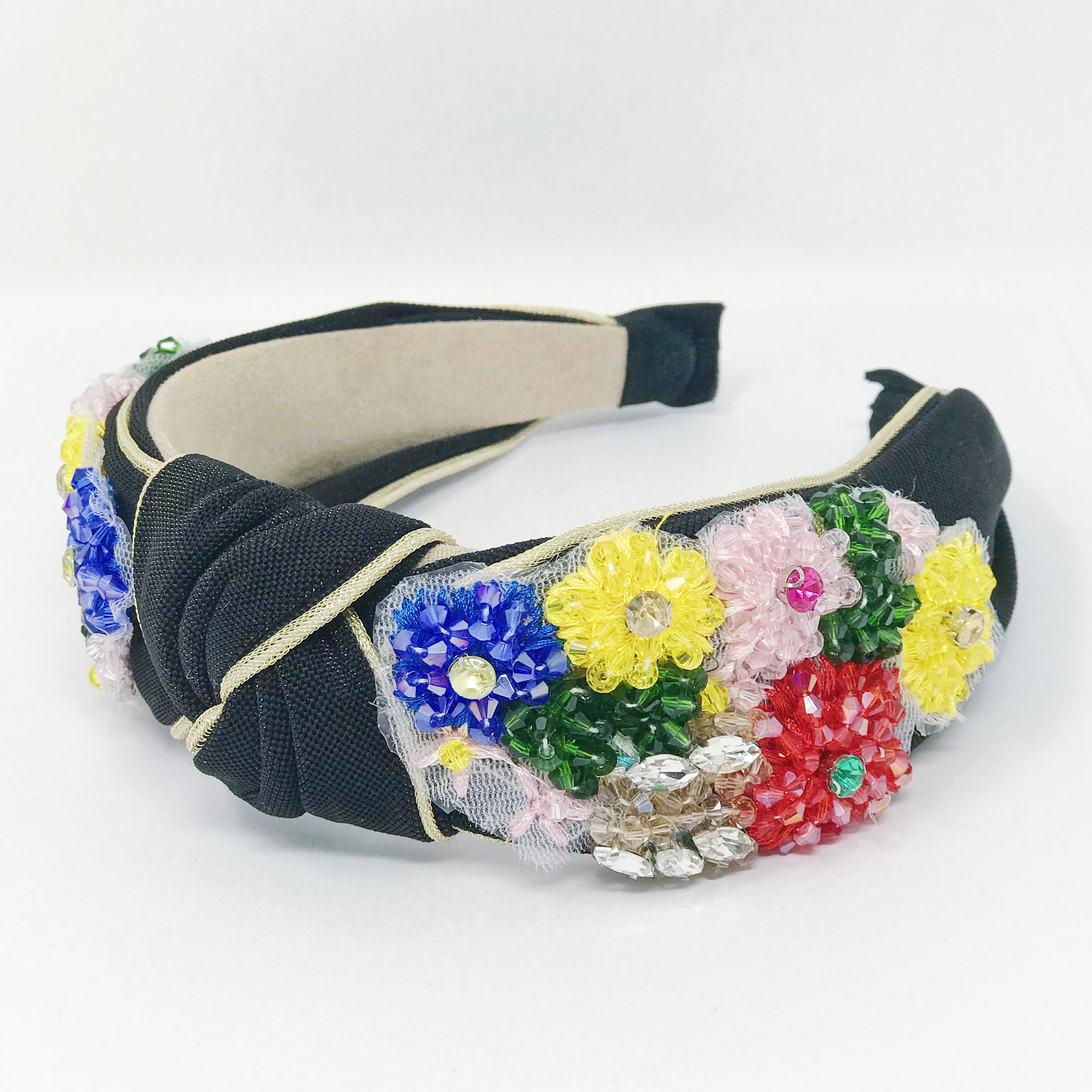 Luxe Flower Bead Headband featuring black shimmer fabric, gold trim, and intricate beaded flowers for a stylish look.