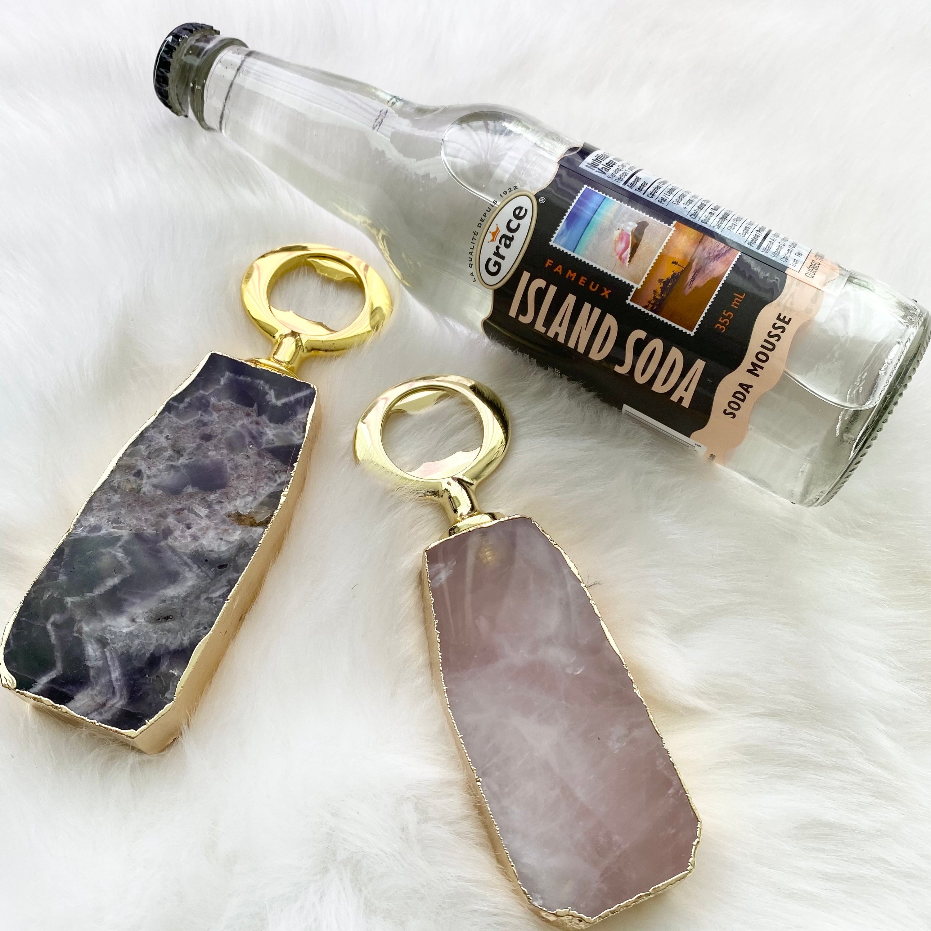 Luxe Gemstone Bottle Opener with amethyst handle and gold plated metal opener, elegantly displayed.