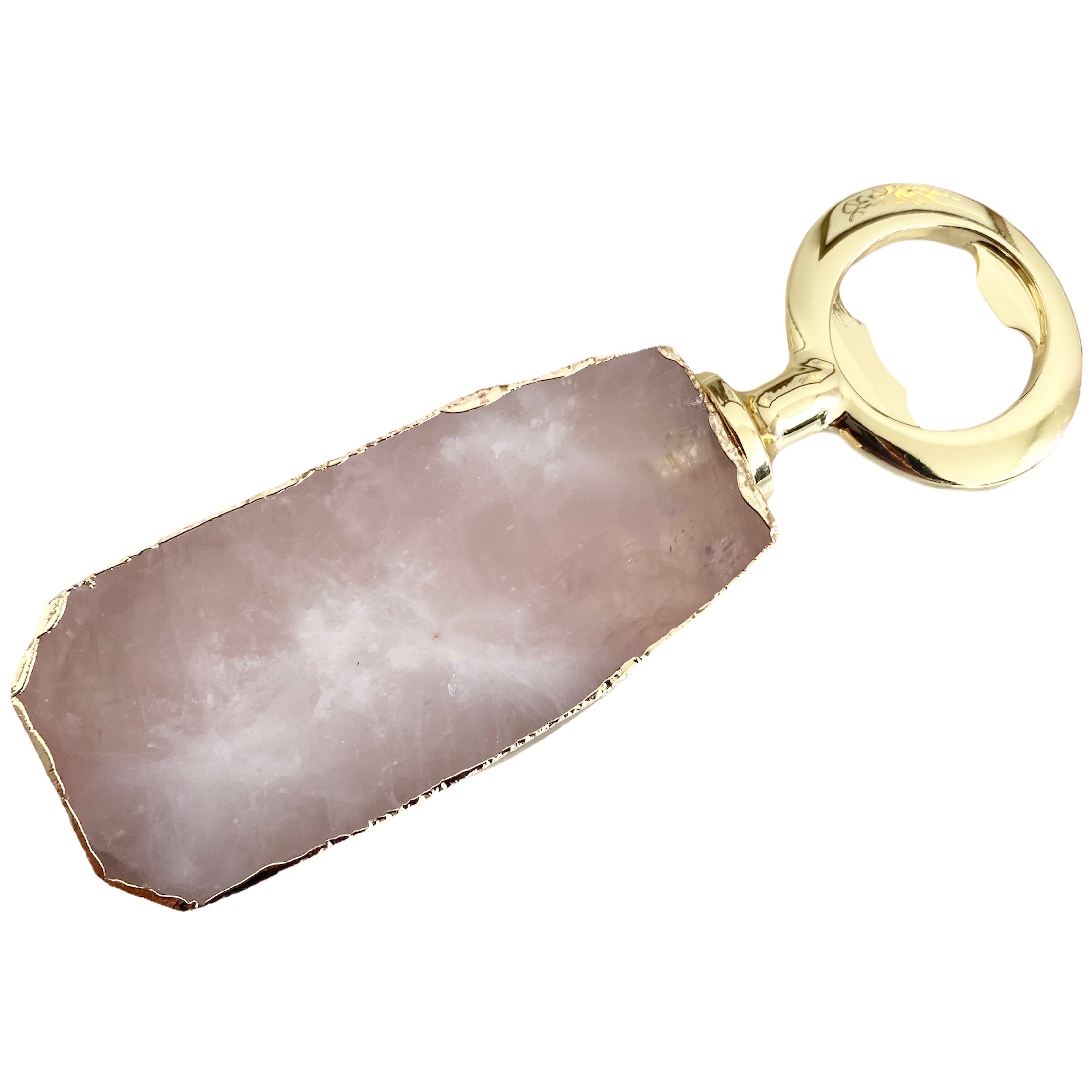 Luxe Gemstone Bottle Opener with amethyst handle and gold plated metal opener, elegantly displayed.