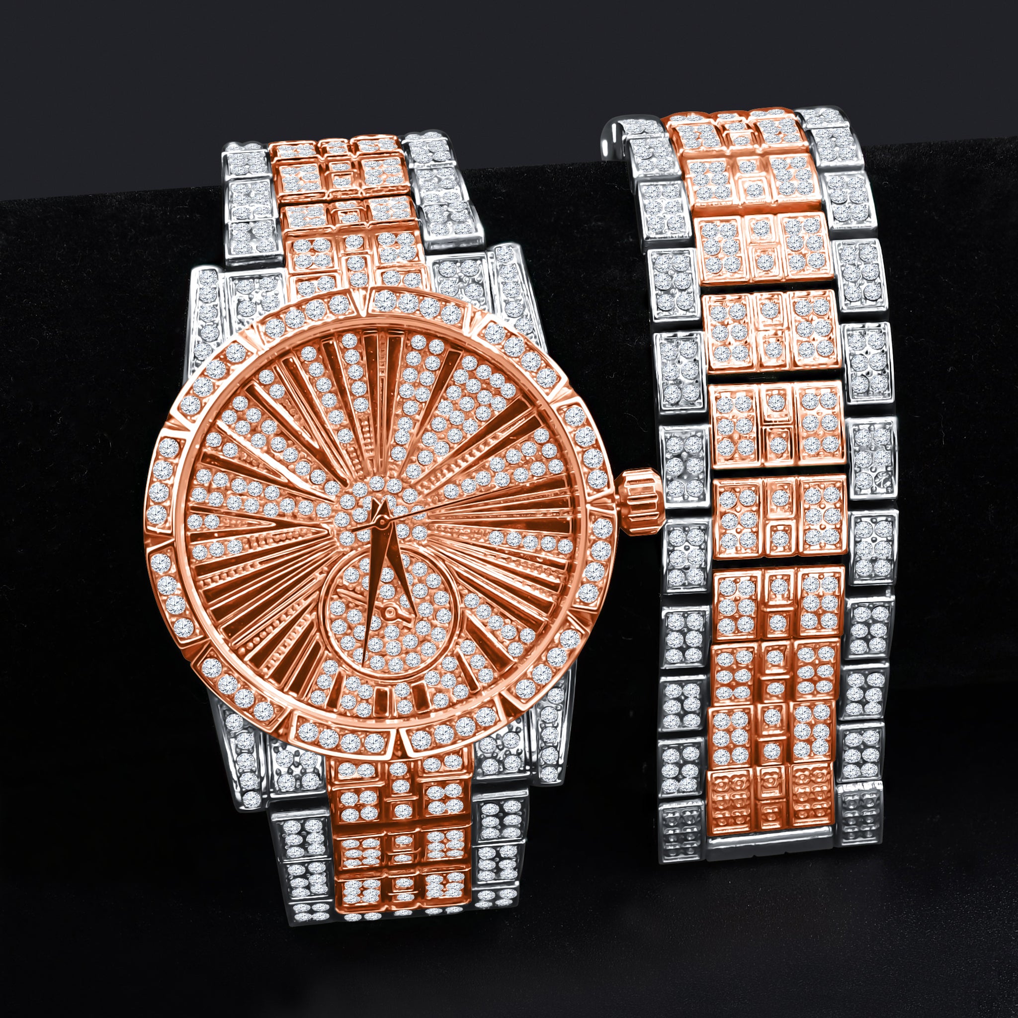 LUXE Roman Indexed Iced Out Watch and Bracelet Set featuring sparkling crystals and luxurious design.