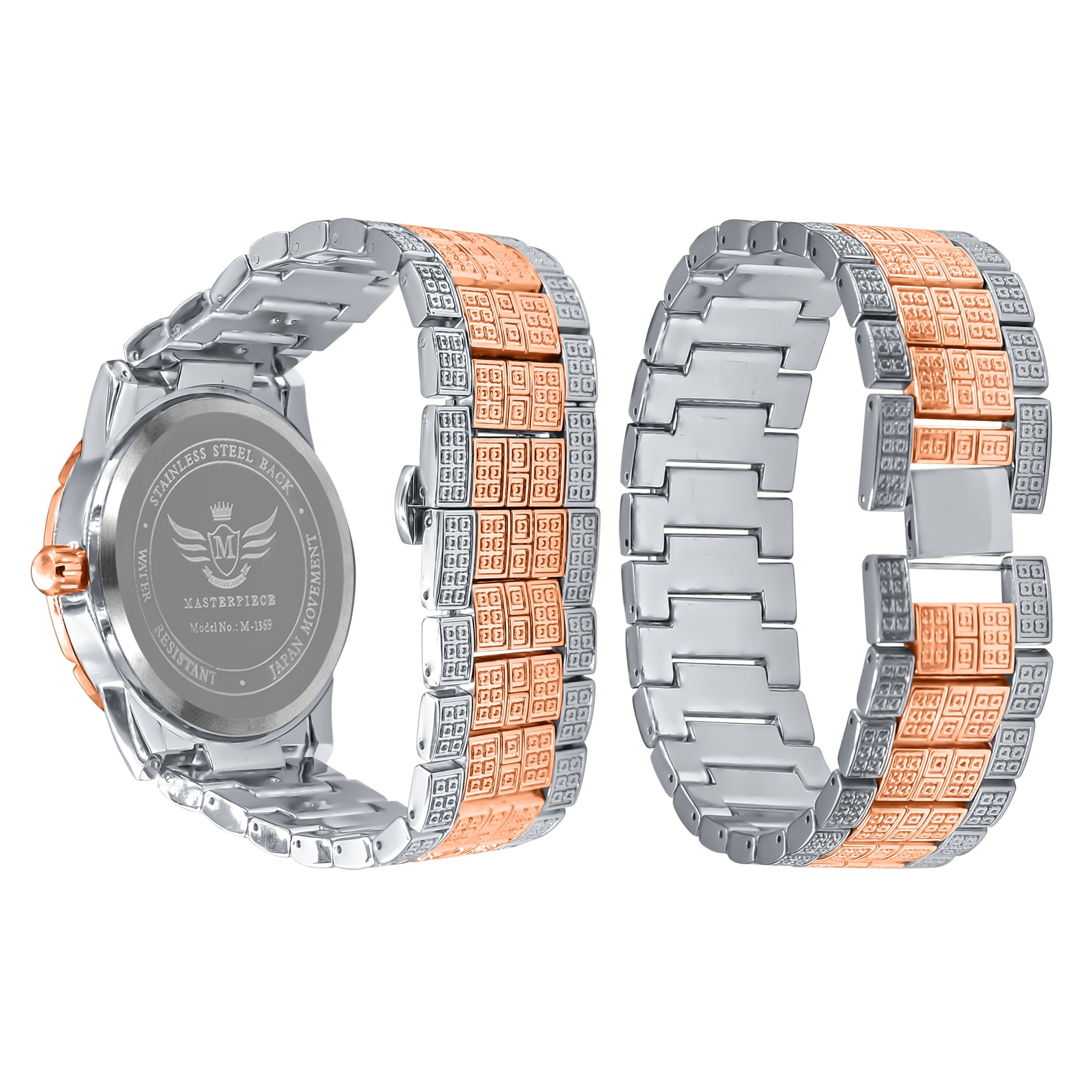 LUXE Roman Indexed Iced Out Watch and Bracelet Set featuring sparkling crystals and luxurious design.