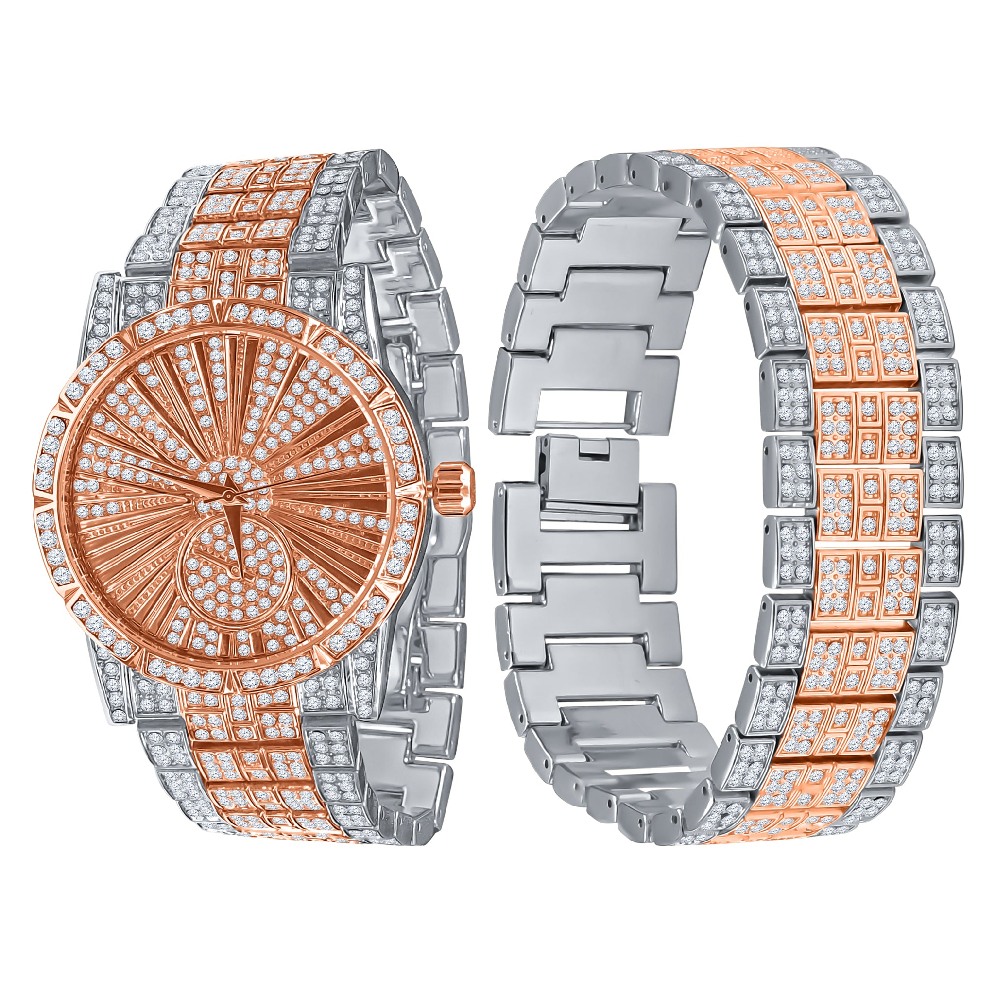 LUXE Roman Indexed Iced Out Watch and Bracelet Set featuring sparkling crystals and luxurious design.