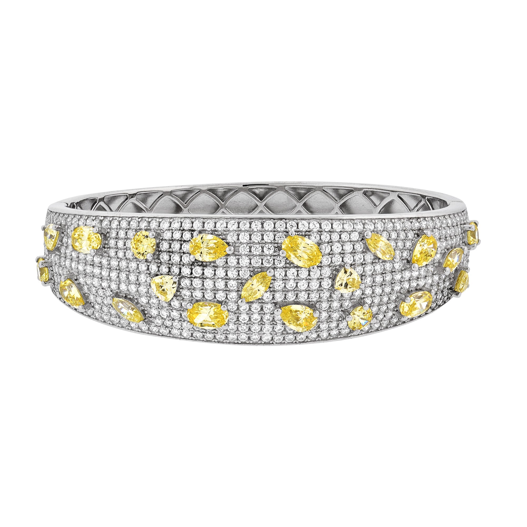 Luxurious bangle featuring CZ and yellow citrine, designed with a hinged clasp and safety closure, perfect for formal occasions.