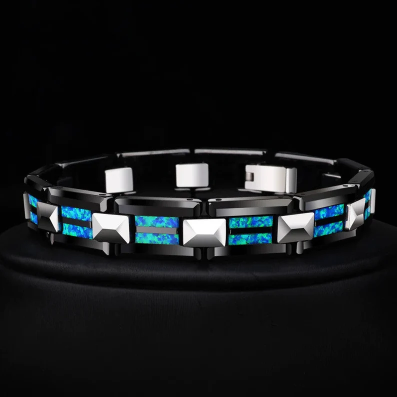 Luxury Blue Opal Black Ceramic Bracelet featuring a Fire Opal gemstone set in durable tungsten, showcasing an elegant design.