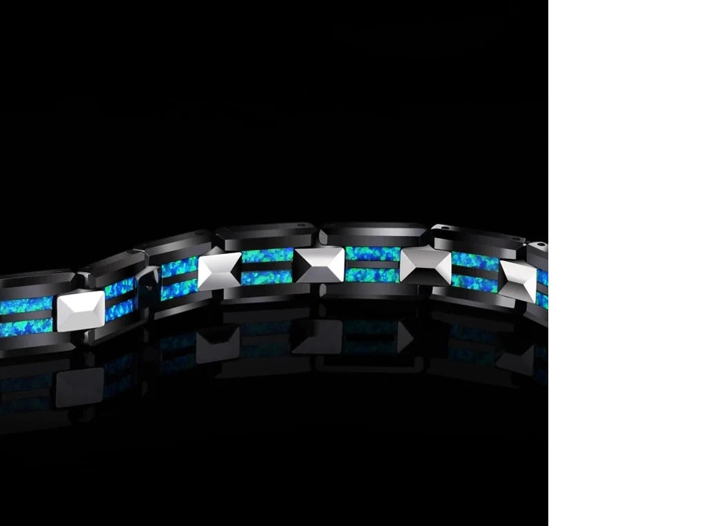 Luxury Blue Opal Black Ceramic Bracelet featuring a Fire Opal gemstone set in durable tungsten, showcasing an elegant design.