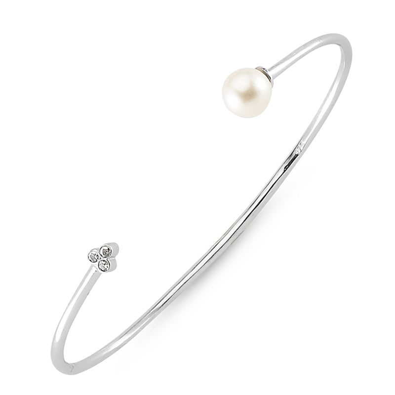 Lyra Silver Pearl Bracelet Cuff featuring 925 sterling silver, freshwater pearl, and clear CZ crystals in a stylish design.