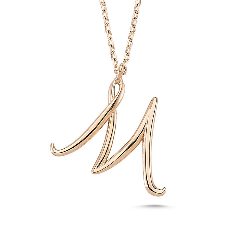 M Letter Mini Initial Silver Necklace featuring a flat 'M' pendant on a 16-inch sterling silver chain with a rose gold or rhodium finish.