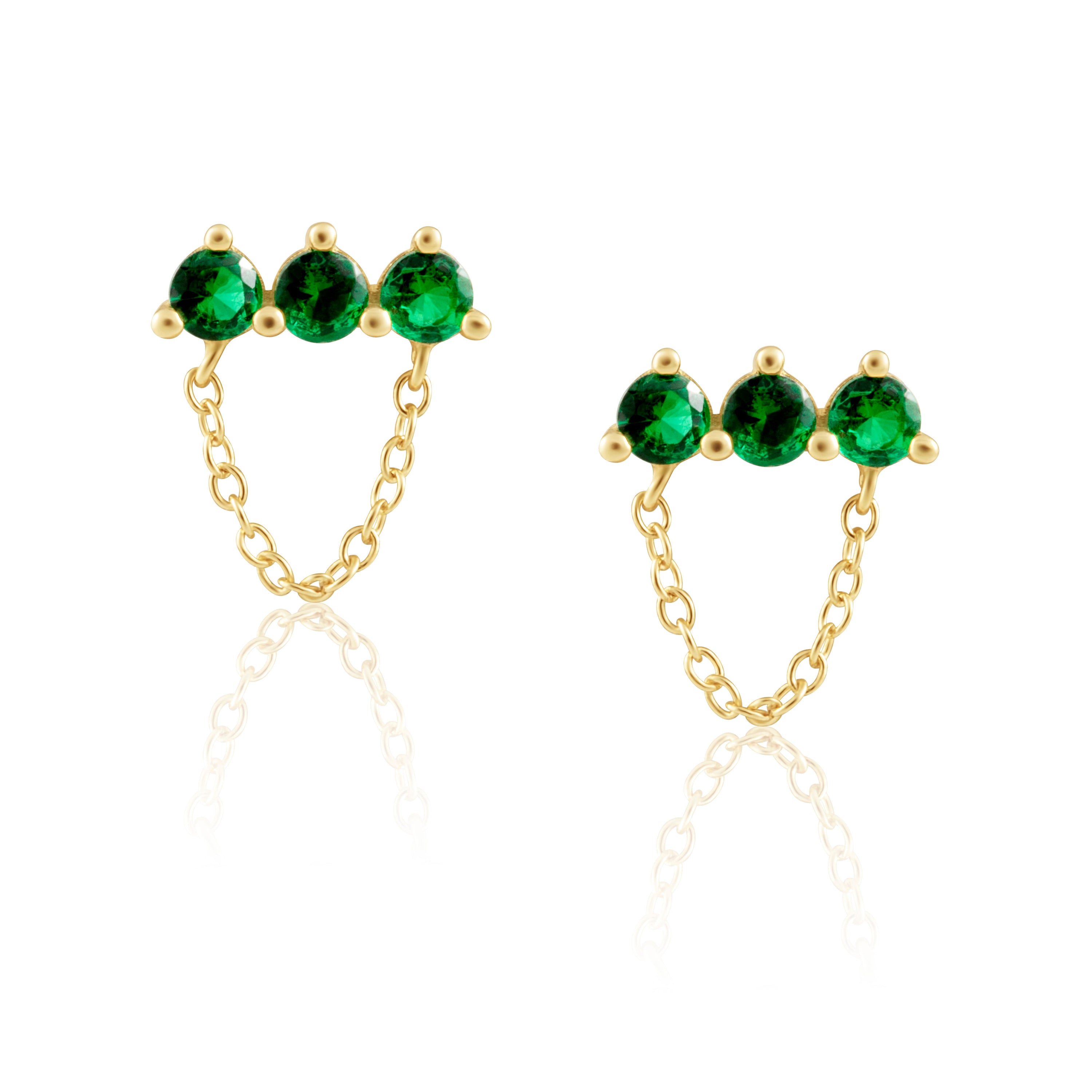 Magda Emerald Chain Studs featuring emerald cz stones and a delicate chain design, elegantly plated in 18k gold.