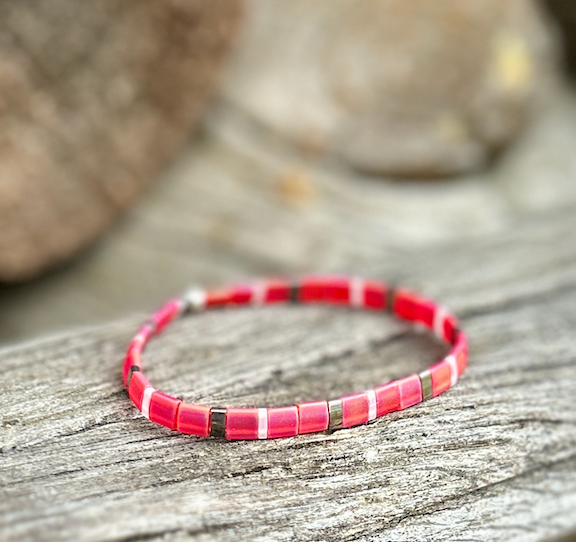 Magenta Dream Pink Stretchy Tila Bead Bracelet featuring vibrant Miyuki Tila beads, perfect for stacking and everyday wear.