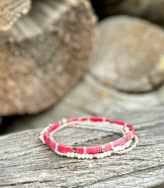 Magenta Dream Pink Stretchy Tila Bead Bracelet featuring vibrant Miyuki Tila beads, perfect for stacking and everyday wear.