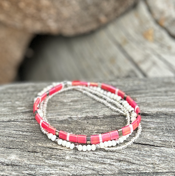 Magenta Dream Pink Stretchy Tila Bead Bracelet featuring vibrant Miyuki Tila beads, perfect for stacking and everyday wear.