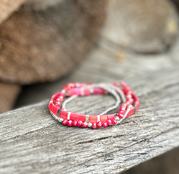 Magenta Dream Pink Stretchy Tila Bead Bracelet featuring vibrant Miyuki Tila beads, perfect for stacking and everyday wear.