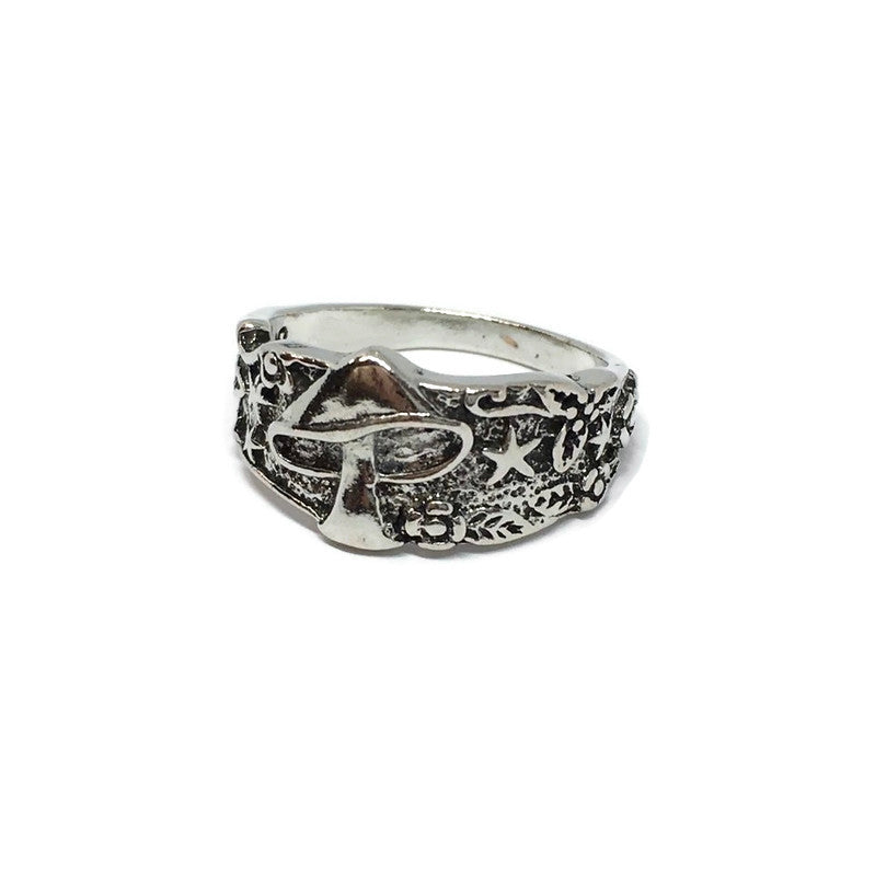 A stylish Magic Mushroom Psychedelic Ring made of sterling silver plated steel alloy, featuring a whimsical mushroom design, perfect for festivals.