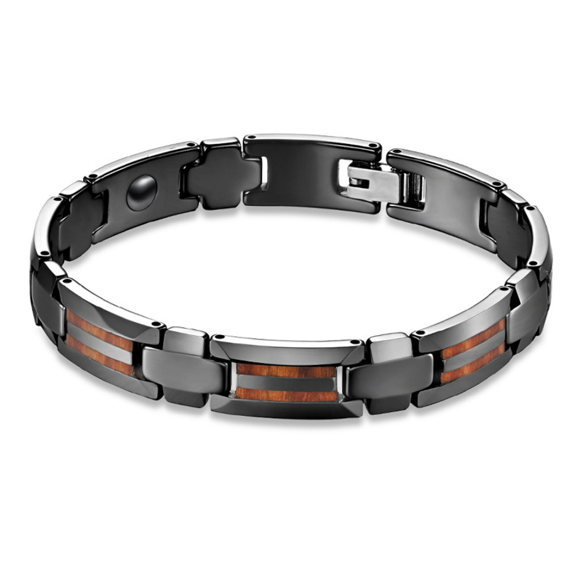 Magnetic Bracelet made of 316 Tungsten Stainless Steel featuring a wood inlay, showcasing a sleek black design.