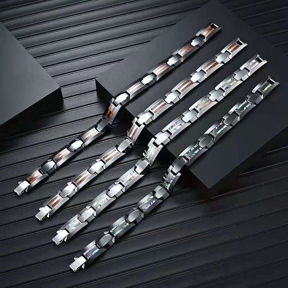 Magnetic Bracelet made of 316 Tungsten Stainless Steel featuring a wood inlay, showcasing a sleek black design.